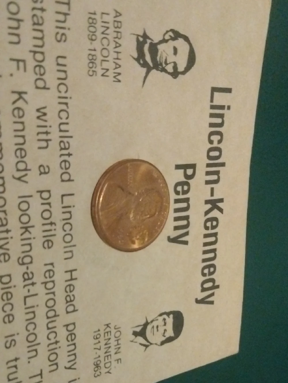 Lincoln-Kennedy Commemorative Penny Card - Brown Copper